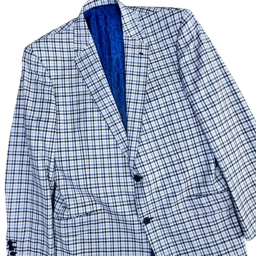 Custom Made Sport Coat Silk & Wool Tessilstrona Men 42L Blue White Check Italy